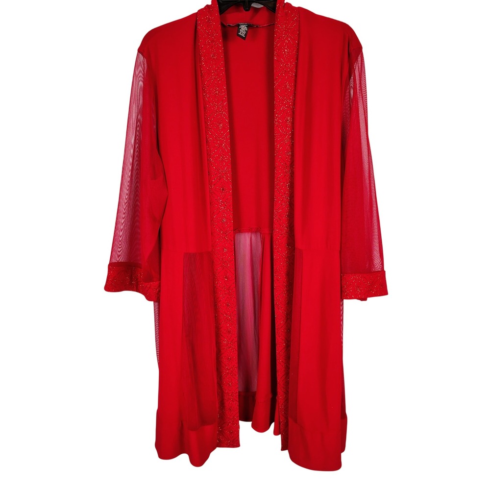 R&M Richards Womens 16W Beaded Mesh Duster Jacket Red Sheer Glam Eveningwear